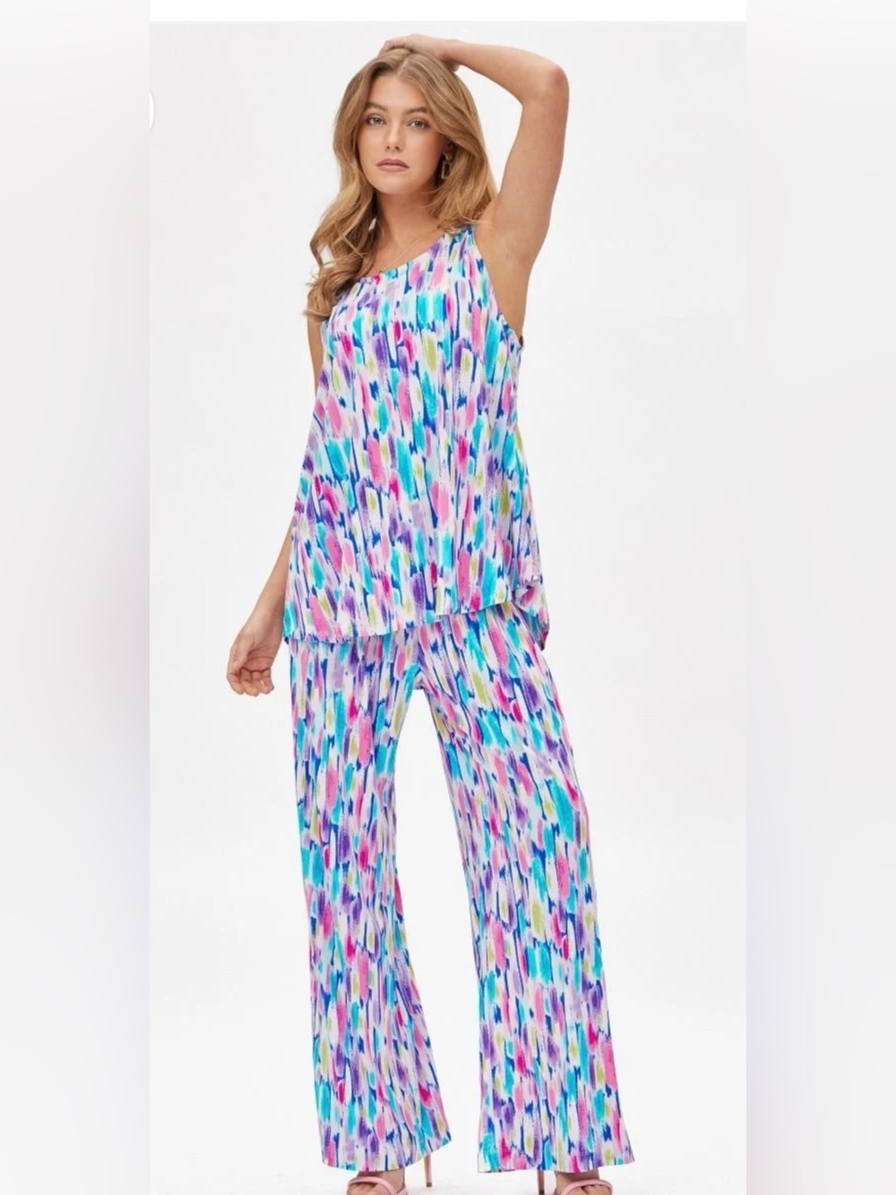 Dear Scarlett Boutique Sleeveless Brushstroke Print Tank Top and Pant Set - Picture 1 of 14